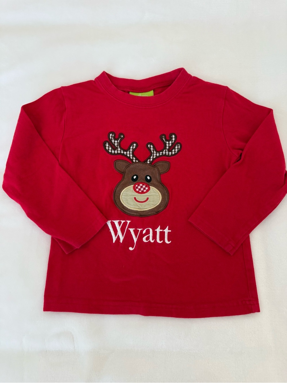 Classic Whimsy Christmas Red Long-Sleeve Reindeer “Wyatt” shirt (size 2T)